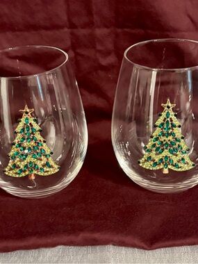 Jeweled Christmas Tree Gold/ Rose Gold Stemless Wine Sangria Cocktail Glass Set